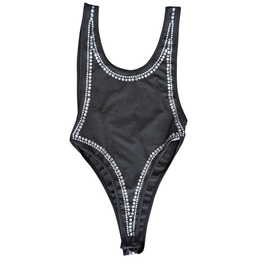 Shein Small Black Bodysuit Metal Stud Detail High Cut Low Back Revealing
